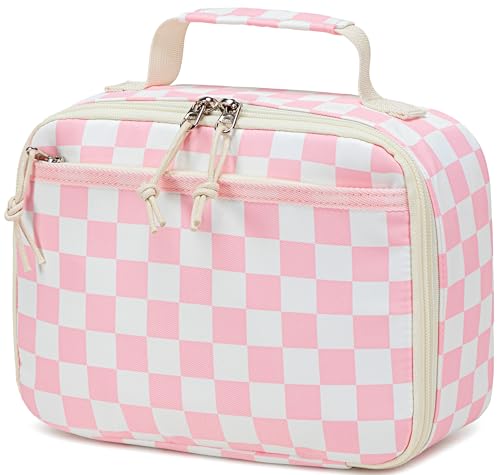 LEDAOU Lunch Box Kids Insulated Lunch Bag Girls Boys Toddler Reusable Lunchbox for School Picnic Hiking (Checkered-Pink)