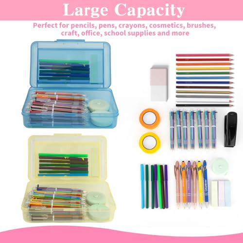 Image of Pencil Case Box, 2 PCS Navy Blue Yellow Double Layer Large Capacity Plastic Pencil Boxs, Clear Hard Pen Case with Snap-tight Lid,Storage Art Craft Box Marker Organizer for Boys Offices School Supplies