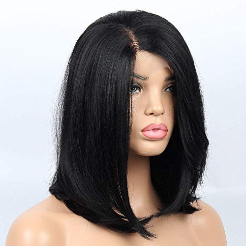 Life Diaries 6inch Large Part 20% Human Hair+80% Synthetic Bob Yaki Straight High Density Heat Resistant Fiber Bleached Knot Nature Black Color Synthetic Lace Front Wig For Women 14 inch