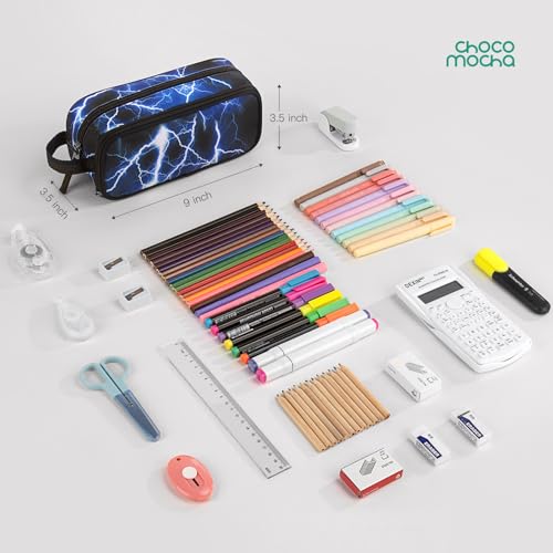 Image of Choco Mocha Boys Pencil Case for Kids, Soft Large Zipper Pencil Pouch for Boys with 2 Compartments Boy Pencil Case for School Lightning Pencil Bag, Blue