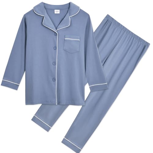 Aablexema Unisex Kids Pajamas Set Button-Down Long Sleeve Cotton Sleepwear Lounge Set for 5-13 Years