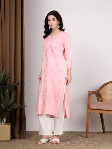 Image of Women Pink Ethnic motifs Embroidered Lucknowi Chikankari Long Kurti