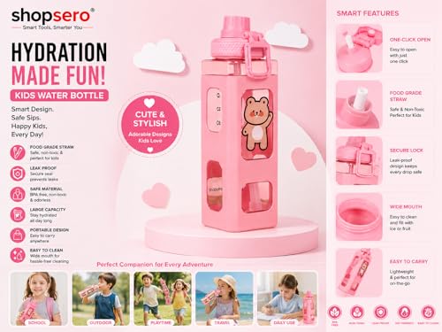 Image of Kawaii Bear Water Bottle with Straw & Stickers - 700ml Cute Square Plastic Drinking Bottle for Girls | Portable Juice /Tea /Sports Bottle | Leak-Proof Pink Bottle (Pack of 1)