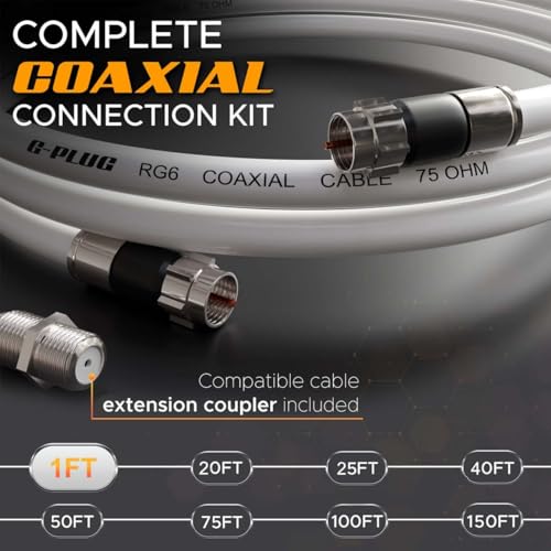 Image of G-PLUG 1FT RG6 Coaxial Cable Connectors Set - High-Speed Internet, Broadband and Digital TV Aerial, Satellite Sky Cable Extension- Weather-Sealed Double Rubber O-Ring and Compression Connectors White
