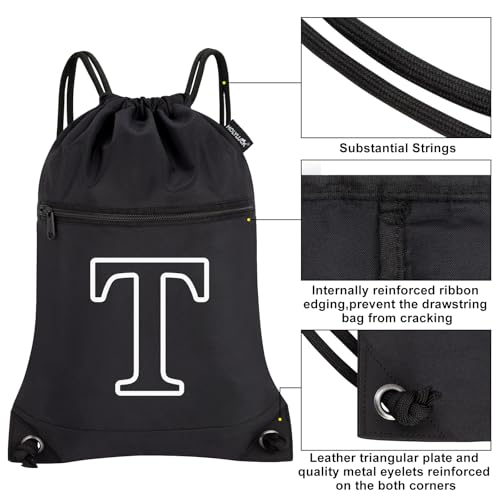Image of HOLYLUCK Drawstring Bags Initial Backpack Sackpack Cinch Bags for Sports, Gym, Travel, Beach(Black-T)