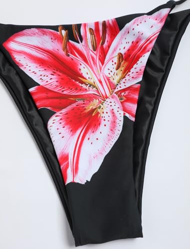 Image of ZAFUL Women's 3 Piece Floral Swimsuit Draped Neck Halter Bikini Tie Side Bathing Suit with Sheer Cover Up Skirt