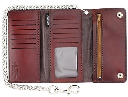 Image of RFID Blocking Men's Tri-fold Vintage Long Style cow Leather With Chain card holder Wallet,MADE IN USA