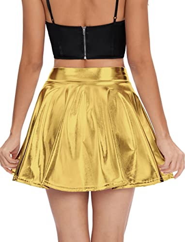 Urban CoCo Women's Shiny Flared Pleated Mini Skater Skirt4