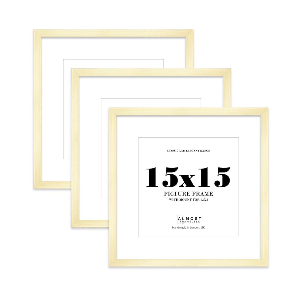15x15 Gold Picture Frame with Mount for 13x13 Photos, Prints - Modern Square Wall Frame, Set of 3