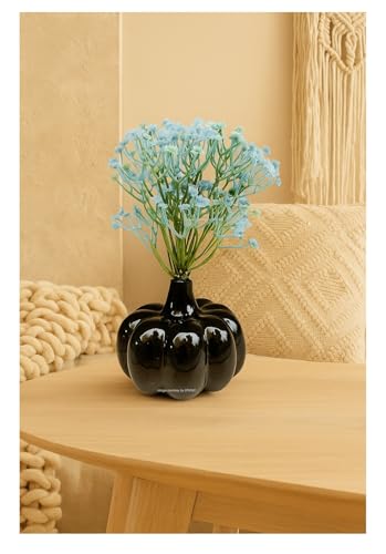Image of SPHINX Ceramic Vase with Artificial Flowers| Flower Vase Pot for Home Decor,Living Room,Dining Table & Office|Modern Boho Minimalist Centerpiece for Decoration,Gifting (Pumpkin with Baby's Breath)