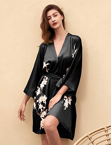 Image of BABEYOND Kimono Robe Cover up Short Satin Floral Silky Kimono Blouse Loose Bachelorette Party Robe