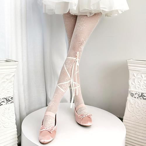 Image of Women's Lolita Patterned Tights Kawaii Bow Fishnet Stockings Lace Pantyhose | Semi See Through Tights Hollow Out Leggings Socks