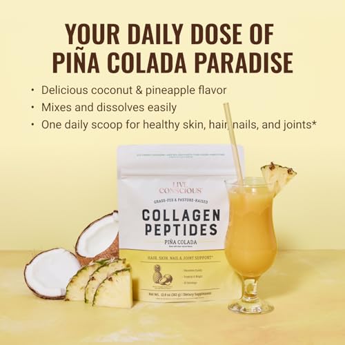Image of Live Conscious Collagen Peptides Powder - Pina Colada Flavor - Type I & III for Hair, Skin, Nails & Joint Support - Hydrolyzed, Grass-Fed Bovine - Women & Men, 30 Servings - 12.8oz