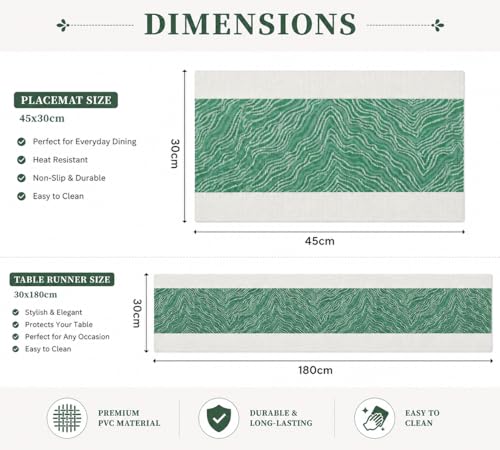 Image of YELONA Placemats and Table Runner Set - Heat Resistant, Non-Slip & Washable PVC Vinyl Dining Table Mats - Jade Green (4 Placemats: 45x30 cm, 1 Runner: 180x30 cm)