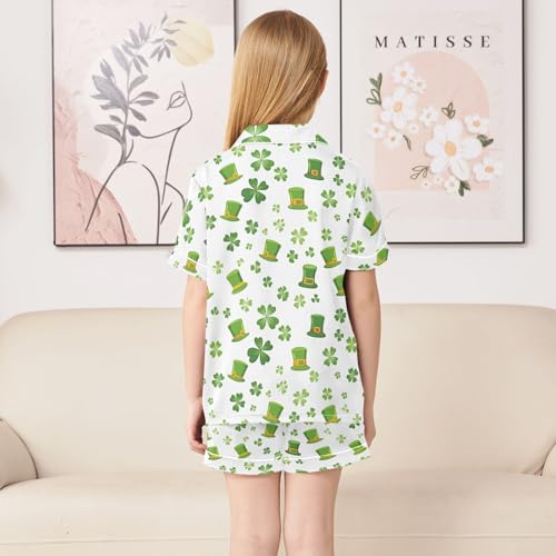 Cute Clover Green Hats Summer Satin Pajama Set, Cute Button-Down Sleepwear Pj Set for Sleep Wears4