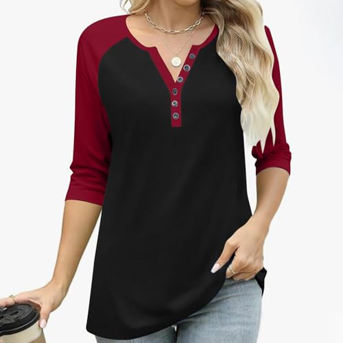 3/4 Length Sleeve Womens Tops Cotton Dressy Button V Neck Henley Shirt Casual Raglan Shirts Color Block Tunic Blouses2