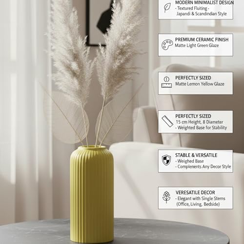 Image of KREATIVE ART'S Modern Ribbed Design Ceramic Flower Vase for Living Room, Flower Pots for Artificial Flower, Home Decoration Item, Home Decor, Vases for Living Room (Yellow, Small)