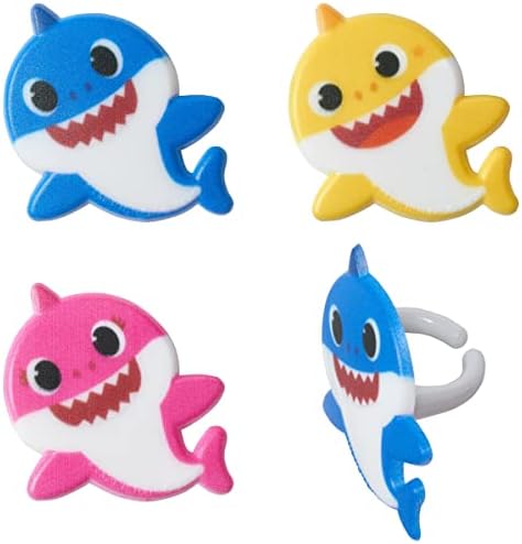 DecoPac Baby Shark Rings, Cupcake Decorations Featuring Baby Shark, Mommy Shark, And Daddy Shark, Blue, Pink, And Yellow 3D Food Safe Cake Toppers – 24 Pack