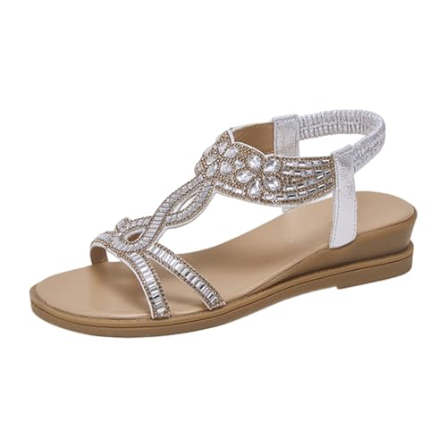 Sandales plates en T pour femme bohèmes et élastiques à strass