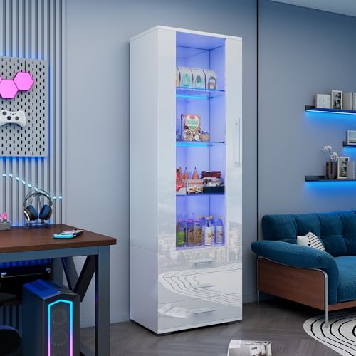 BXEYXE Vitrina blanca brillante, vitrina de cristal, vitrina con iluminación LED, vitrina vertical con 3 cajones, 60 x 35 x 180 cm