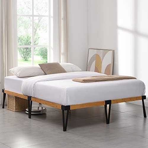 HW COMFORT 14 Inch Queen Solid Bamboo and Metal Platform Bed Frame/Bamboo Wood Slat Support/No Box Spring Needed/Easy Assembly, Natural & Black