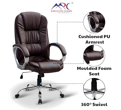 Image of MRC M061 Ergonomic High Back Premium Leatherette Office Chair with Fixed Armrests, Heavy Duty Chrome Base,| Home Office Desk Chair, 3 Years Warranty,Pre-Assembled (Brown)