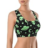 PIOKNGY Green Alien UFO Moon Seamless Comfortable Sports Bras for Women Longline Padded Bra Yoga Crop Tank Tops Fitness Workout Running Top Medium