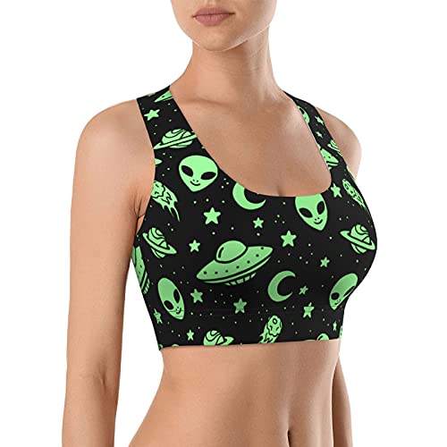 Green Alien UFO Moon Seamless Comfortable Sports Bras for Women Longline Padded Bra Yoga Crop Tank Tops Fitness Workout Running Top Xx-Large