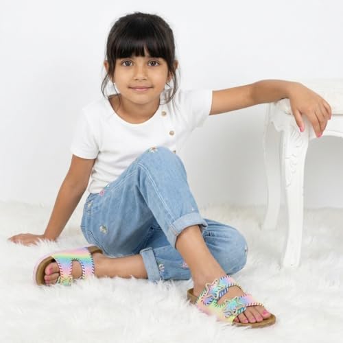 Image of CUSHIONAIRE Lily Girl Toddler Sandals with Adjustable Gold Tone Star Buckles and Cushioned Cork Footbed Slip On Girls Slides for Kids