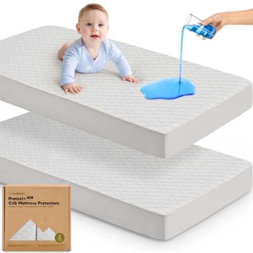 Image of 2-Pack Waterproof Crib Mattress Protector Cover Fitted - Quiet Baby Crib Mattress Pad Sheets, 52 inch x 28 inch Soft Quilted Cotton Baby Sheet, Machine Washable, Easy Fit, Durable (Pearl Gray /Mavy)