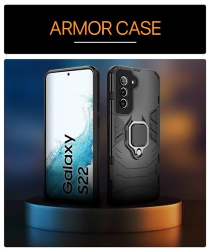Image of WOW IMAGINE Shock Proof Back Case Mobile Cover for Samsung Galaxy S22 5G | Back Cover Case (Tough Armor | Hybrid PC + TPU | Ring Holder & in-Built Kickstand | Black)
