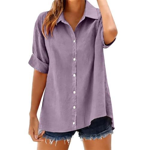 Womens Cotton Linen Shirts Plus Size 3/4 Sleeve Button Down Blouses 2026 Summer Casual Loose Comfy Cotton Gauze Tops Oversized Tunic Camp Clothes Break Outfits Purple Large