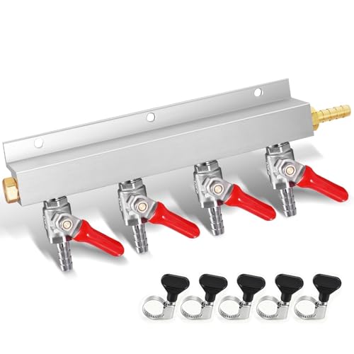 WELLBOM CO2 Manifold, 4-Way CO2 Gas Distributor O.D 5/16'' Barb Fitting Beer Keg Gas Manifold Kegerator CO2 Splitter with Integrated Check Valves & 5PCS Hose Clamps
