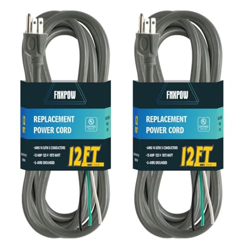 FNXPOW 2 Pack 12FT 14/3C SJTW Appliance and Power Tool Cord, 14 Gauge 3 Prong Heavy Duty Replacement Power Supply Cord Cable, 110V 115V 120V AC Pigtail, 15A, 1875w