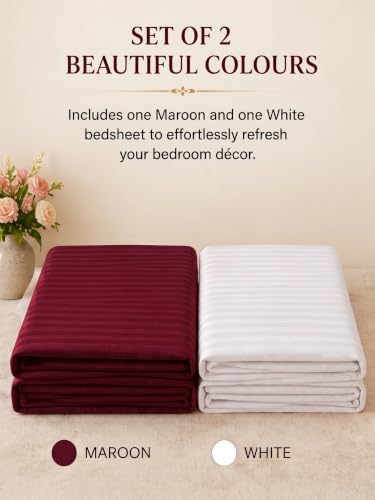 Image of Mafatlal 210 TC Italian Stripe Single Bedsheet Set with Pillow Cover (60 x 90 Inches) | 100% Cotton | Hotel Collection | Soft Breathable Flat Bed Sheet | Maroon N White