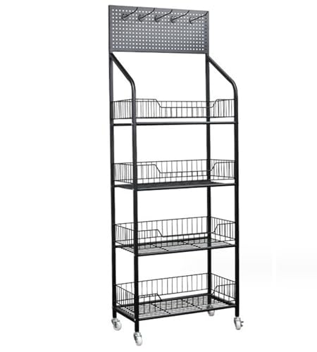 Estantería para tiendas al por menor, 140 x 50 x 27 cm, estantería de supermercado, con 4 ruedas, estantería de almacenamiento con 4 estantes, estantería de taller con 5 ganchos para pared perforada,