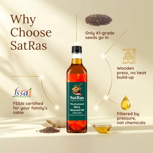 Image of SatRas Wood Pressed Black Mustard Oil, 1L Plastic Bottle | Kachi Ghani Sarso Oil | Cold Pressed & Unrefined | Rich in Omega 3, 6 & Vitamin E | Pure Edible Cooking Oil