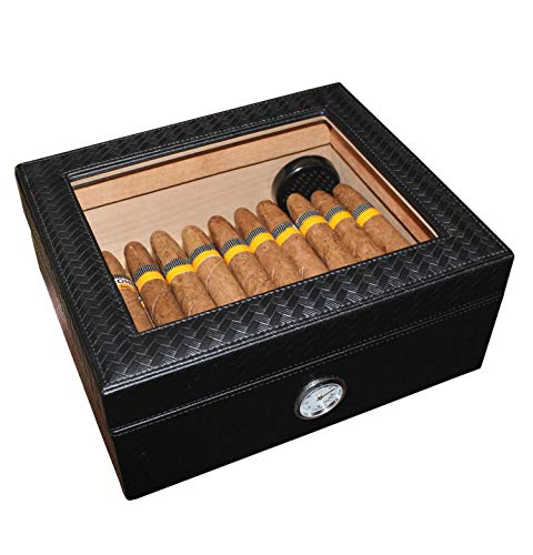 AMANCY Handmade Elegant Black Leather 25-50 Cigar Humidor,Desktop Cedar Wood Lined Cigar Storage Box with Glasstop