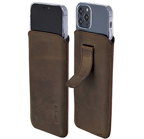 Étui cuir iPhone 16 anti choc Suncase marron avec languette extraction rapide
