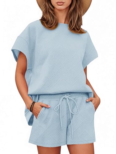 Tankaneo Loungewear-Set für Damen, kurzärmelig, Tops und Shorts, 2-teiliges Outfit, passendes Lounge-Pyjama-Set mit Taschen, Hell, blau