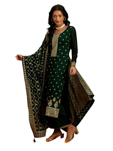 Image of Libas Womens Embroidered Silk Blend Straight Kurta With Trousers and Dupatta | ethnic wear | bridal suit | wedding dress | occasion wear