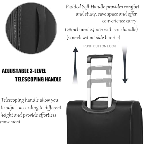 3pcs Set Softside Luggage Sets With Spinner Wheels, Expandable Softshell Suitcase Set with front pocket, 28inch, 24inch,20inch Lightweight fabric luggage(BLACK)4
