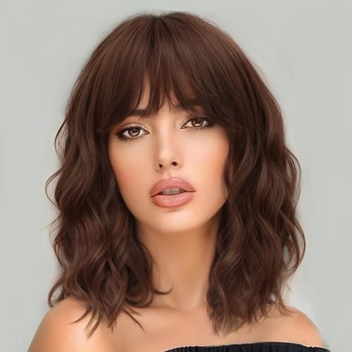Image of AISI HAIR Synthetic Wavy Curly Bob Wig with Bangs Ash Auburn Short Wavy Hair for Women Synthetic Heat Resistant Bob Wigs