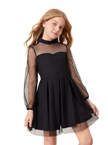 Floerns Girls Polka Dots Sheer Mesh Long Sleeve Pleated A Line Short Dress
