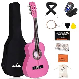 ADM Guitare de concert junior 1/4 pour débutant avec accordeur à clip, étui, sangle, cordes et médiators supplémentaires Rose - Les Beatles, Paul McCartney, John Lennon, RIngo Starr, George Harrison