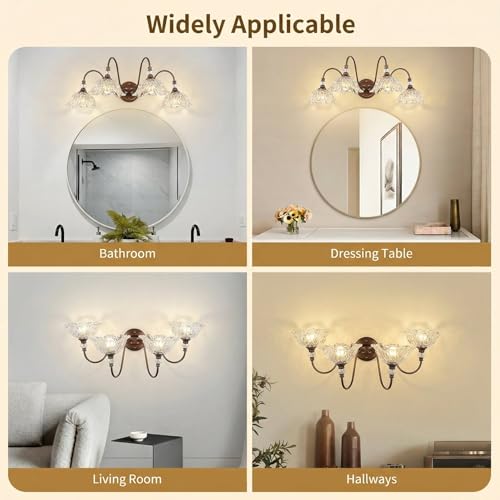 Image of Antique Red Bronze Finish Bathroom Vanity Light, 4-Light Vintage Vanity Light with Floral Clear Glass Shades, Retro Wall Mount Lighting for Bathroom, Dressing Table