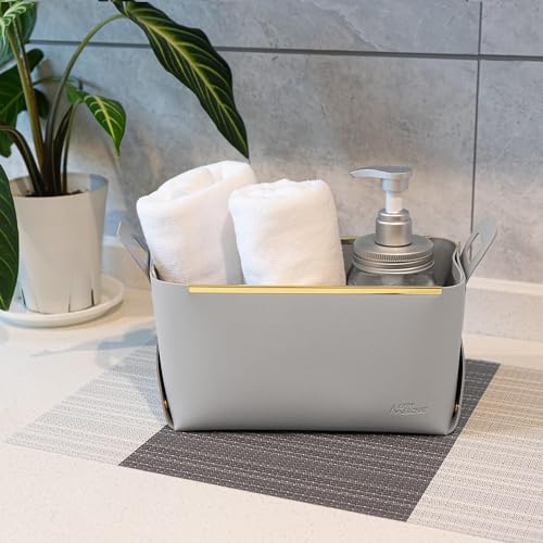 Image of Leather Portable Small Storage Basket for Desktop, Rectangle Decorative Box with Two Handles for Organizing, Storage Bin for Snack Sundries Cosmetics Stationery, 9.45''L5.5''W5.12''H (Grey)