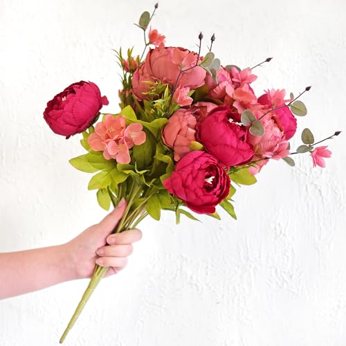 Image of FiveSeasonStuff Country Barn Red Peony Bouquets, 2 Bundles Artificial Silk Flowers with Hydrangeas for Wedding Centerpieces & Home Decor