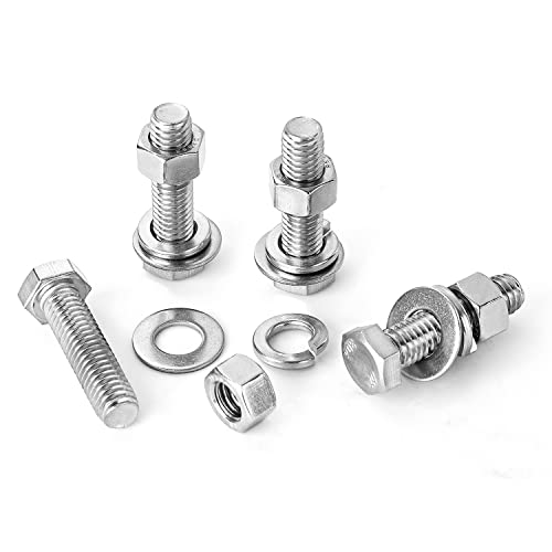 3/8-16 x 1-1/4" Hex Head Bolts Screws, Nuts, Flat and Lock Washers Assortment Kit, 304 Stainless Steel(18-8), Machine Fully Thread, Bright Finish 8Sets