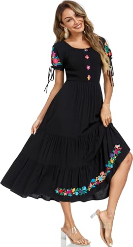 Image of Women's Summer Maxi Dress Casual Floral Embroidered Round Neck Short Sleeve Ruffle Tiered Dress Flowy Boho Beach Sundress